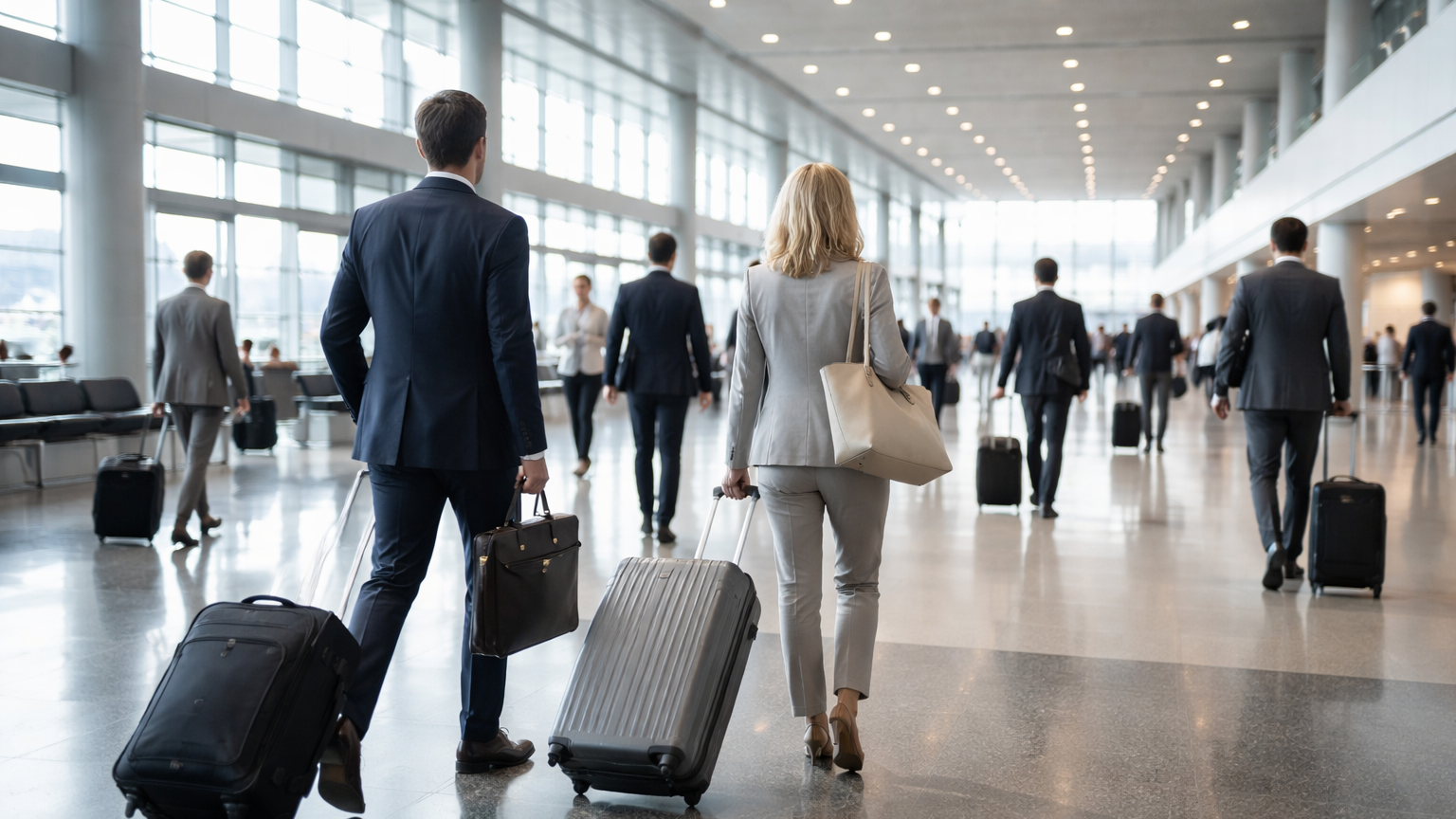 Viagens corporativas na alta temporada em aeroporto internacional com fluxo organizado de passageiros